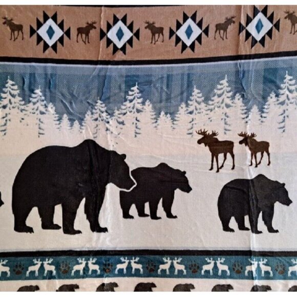 New Teal Lodge Plush Fleece Throw Gift Blanket Sherpa Rustic Cabin Moose Bear - Picture 3 of 5